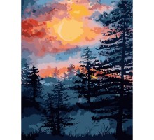 Картина за номерами Strateg ПРЕМІУМ Захід сонця в лісі з лаком і рівнем розміром 40х50 см VA-3293
