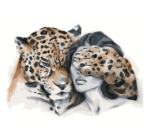 Картина по номерам Strateg ПРЕМИУМ Дівчина з леопардом с лаком размером 40х50 см VA-3419