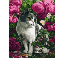 Картина по номерам Strateg ПРЕМИУМ  Розы и кот с лаком размером 30х40 см (SS6757)