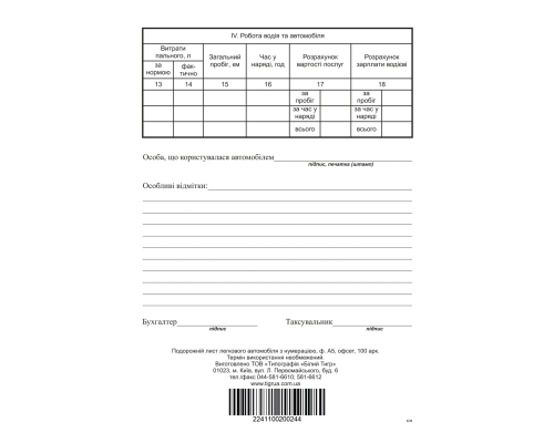 Подорожній лист службового легкового автомобіля, ф.№3, офс., 100 арк., з нумер.