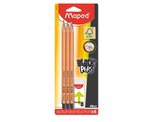 Набір олівців графітових BLACK PEPS HB, з гумкою в наборі, блістер (6 шт.)
