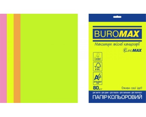 Папір кольоровий NEON, EUROMAX, 4 кол., 50 арк., А4, 80 г/м²