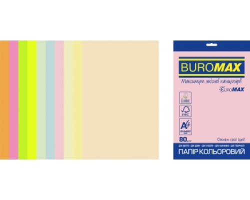 Набор цветной бумаги PASTEL+NEON, EUROMAX, 10 цв., 20 л., А4, 80 г/м²