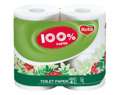 Бумага туал. "100% Paper" 4 рул., на гильзе, 2-х сл., белый RUTA