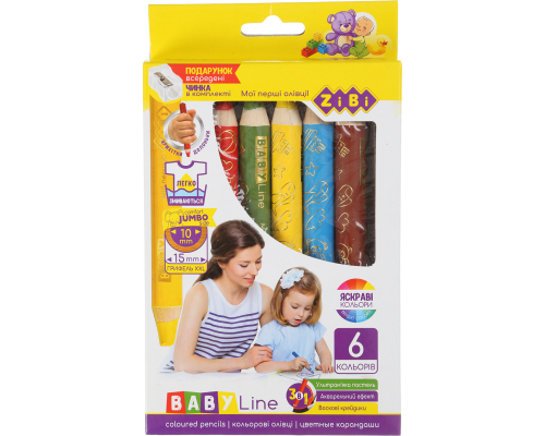 Карандаши цветные 3 в 1  mini SUPER JUMBO с точилкой, 6 цв., BABY Line