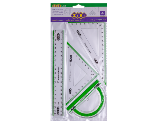 Комплект: линейка 20см, 2 угольника, транспортир, с салатовой полосой