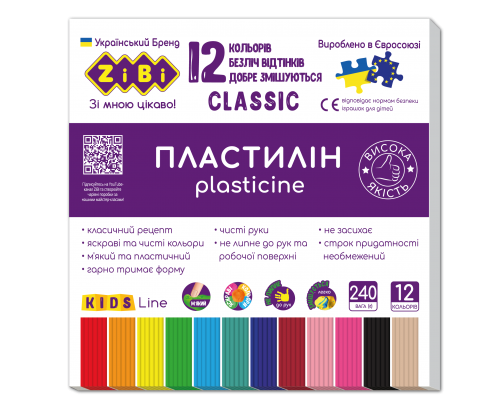 Пластилин CLASSIC 12 цветов, 240г, KIDS Line