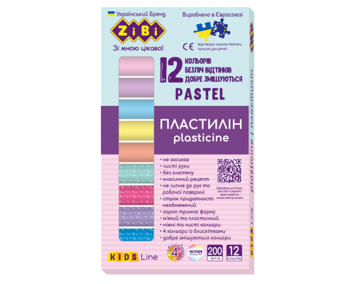 Пластилин PASTEL 12 цветов, 200г (8 пастель + 4 глиттер), KIDS Line